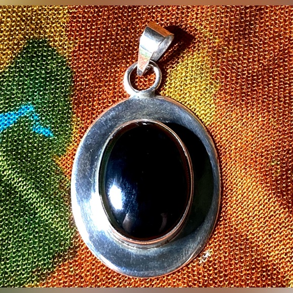 Large Onyx Pendant Stamped ATI MEXICO Vintage Mexican Silver | All Seeing Eye - Picture 1 of 16